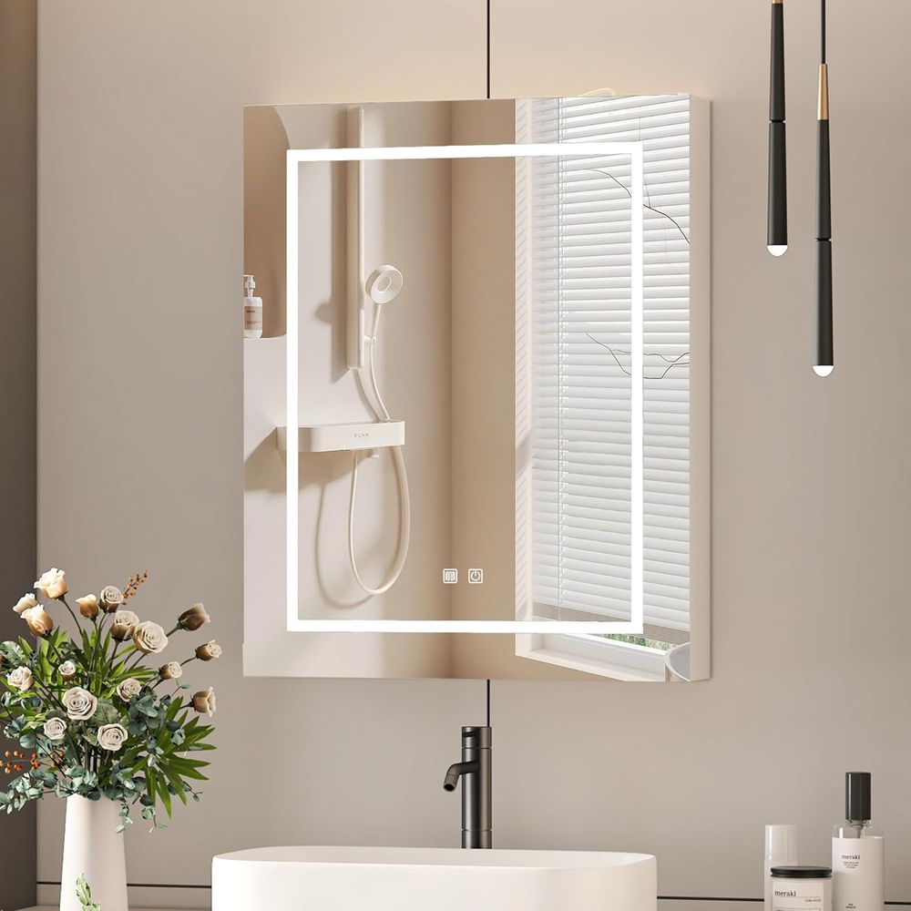 Home Outlet Bathroom Mirrors - 24x30 ライト付き薬用キャビネット、コンセントとUSB付きLEDミラーキャビネット、壁掛け式バスルームキャビネット、アンチオグ調光可能なライト