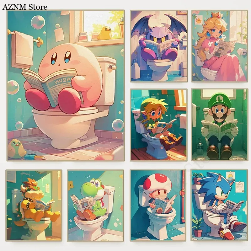 Home Bathroom Pictures - 面白いバスルーム漫画ビデオゲームポスターかわいいアニメーションキャラクタートイレキャンバス絵画壁アートシャワールーム子供の家の装飾