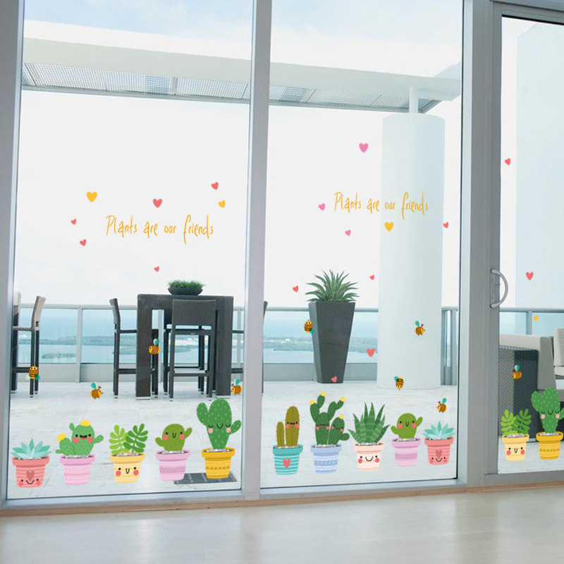 Home Bathroom Pictures - サボテンの植木鉢セット,緑の庭の植物,3dウォールステッカー,家族の壁のステッカー,壁画アート,バスルームの窓の装飾,diy