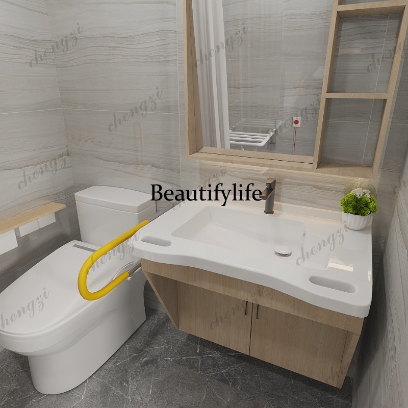Home Bathroom Remodel - 高齢者向け浴室キャビネット、介護施設、シニアフレンドリーなトイレ改造、一体型洗面台キャビネット（ハンドル付き）