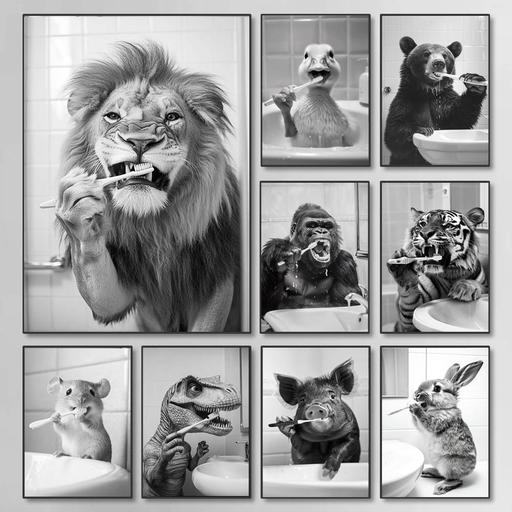 Home Bathroom Pictures - 黒、白、面白いバスルーム歯磨きポスター、ヴィンテージスタイルの動物キャンバス絵画プリント、家の装飾用ウォールアート絵画