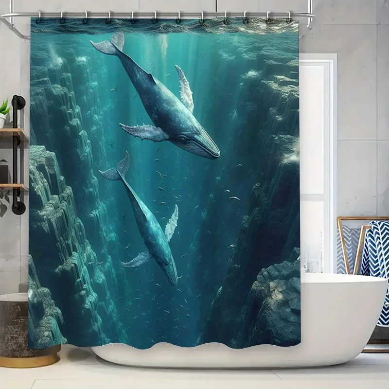 Home Bathroom Remodel - 3D プリントクジラシャワーカーテン防水バス装飾プラスチックロッドトップフックキット浴室リフォーム用家の装飾ブルーオーシャ