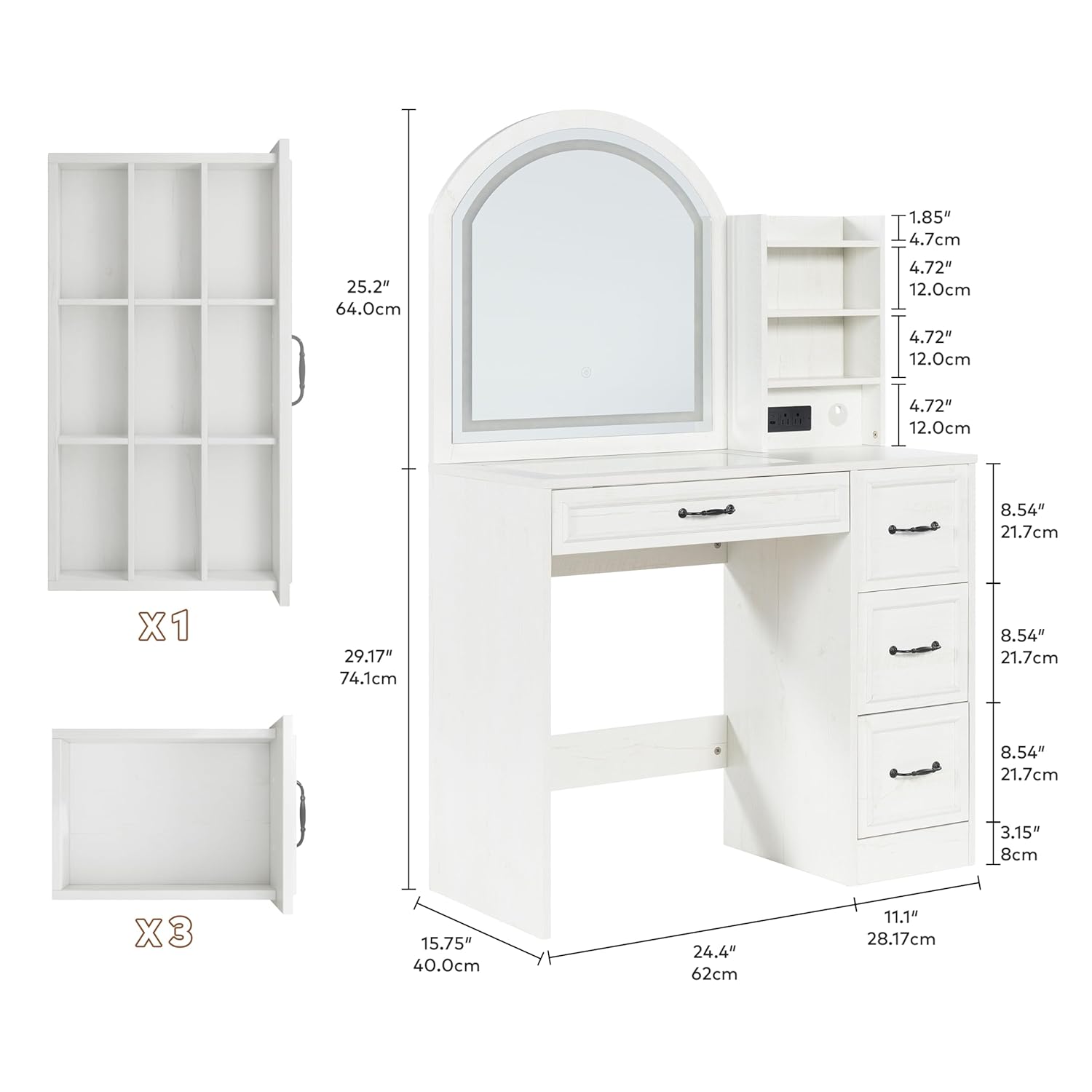 モダンな化粧台、照明付きミラー、ガラストップ、4つの引き出し - Home Outlet Bathroom Mirrors のレビューと価格
