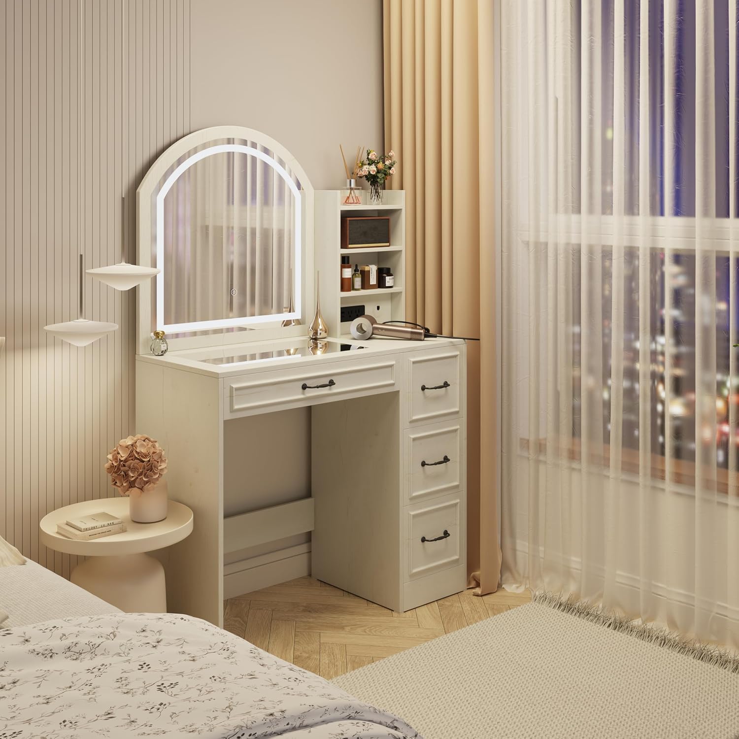 モダンな化粧台、照明付きミラー、ガラストップ、4つの引き出し - Home Outlet Bathroom Mirrors のレビューと価格