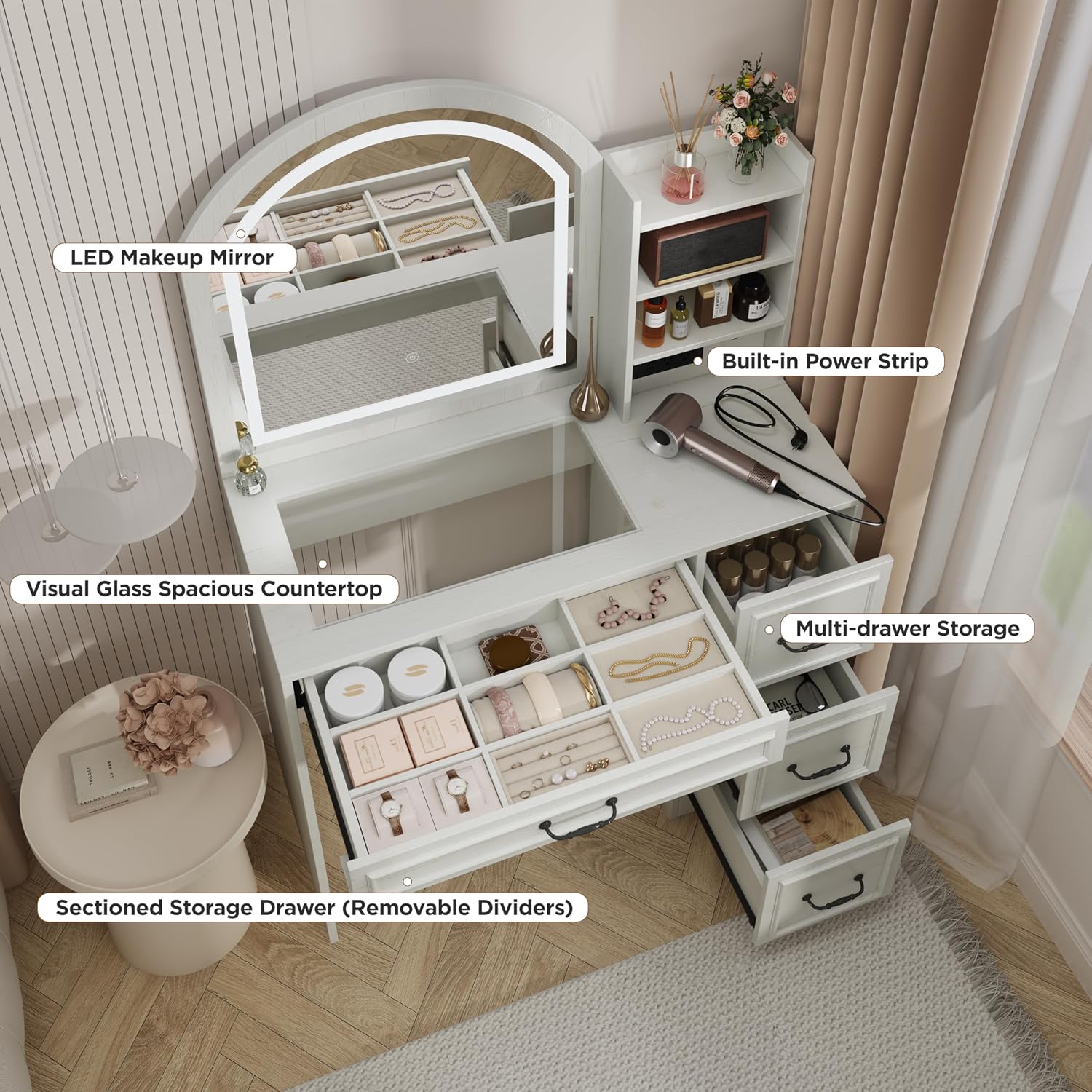 モダンな化粧台、照明付きミラー、ガラストップ、4つの引き出し - Home Outlet Bathroom Mirrors のレビューと価格