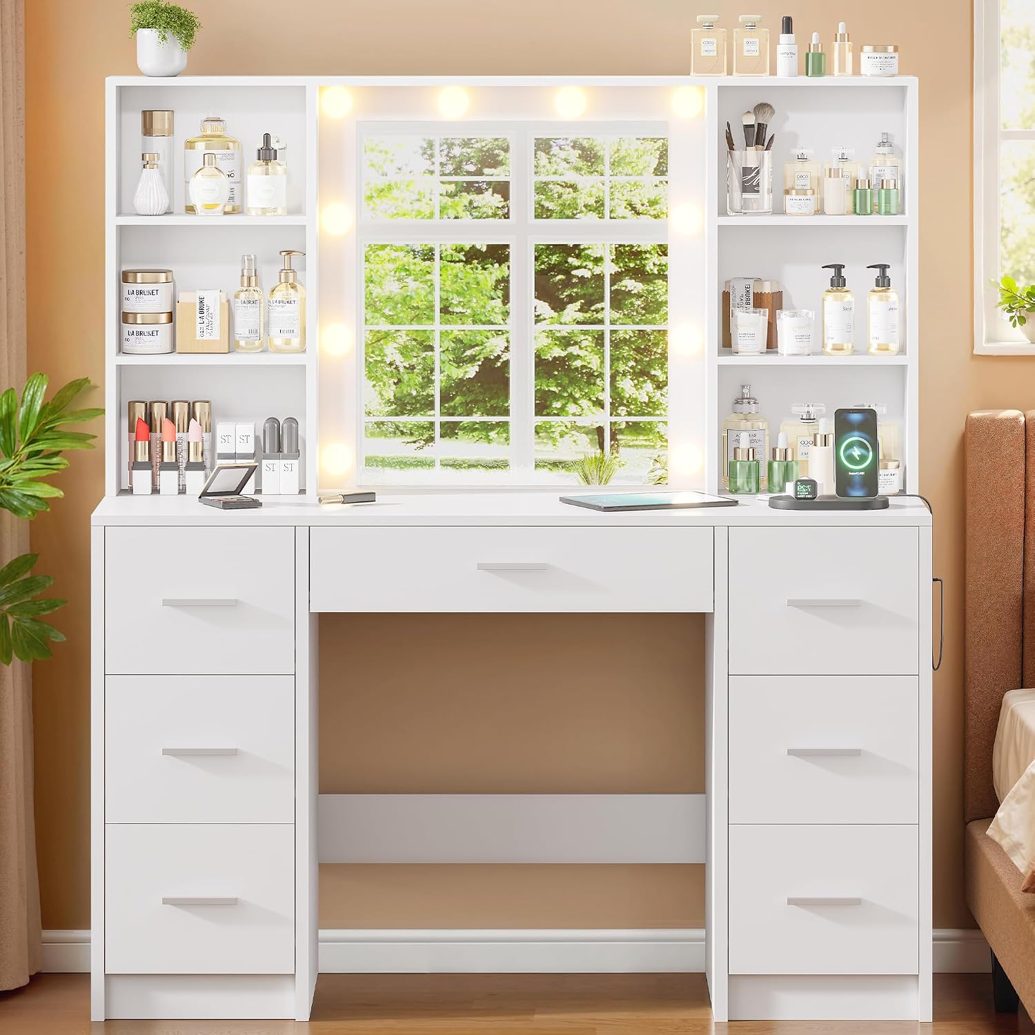 LEDミラーと電源コンセント付き大型化粧台、7つの引き出しと - Home Outlet Bathroom Mirrors のレビューと価格