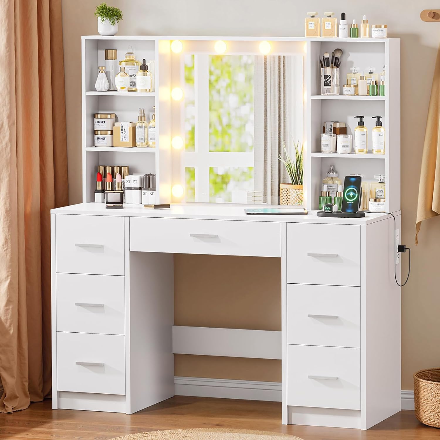 LEDミラーと電源コンセント付き大型化粧台、7つの引き出しと - Home Outlet Bathroom Mirrors のレビューと価格