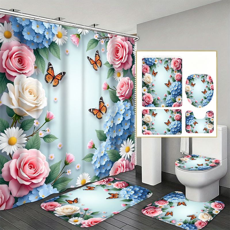 バラとアジサイと蝶のボーダー柄バスルーム4点セット、ピンクと - Home Bathroom Remodel のレビューと価格